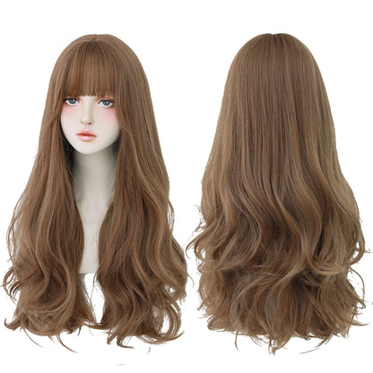 7JHH Popular Brown Ash Long Deep Wave Wig with Bangs for Women