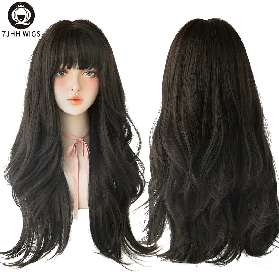 7JHH Popular Brown Ash Long Deep Wave Wig with Bangs for Women
