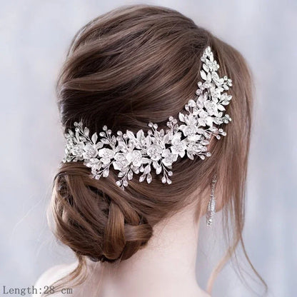 Bridal Hair Accessories - Crystal Pearl Rhinestone Tiara Headband with Leaf Design for Women