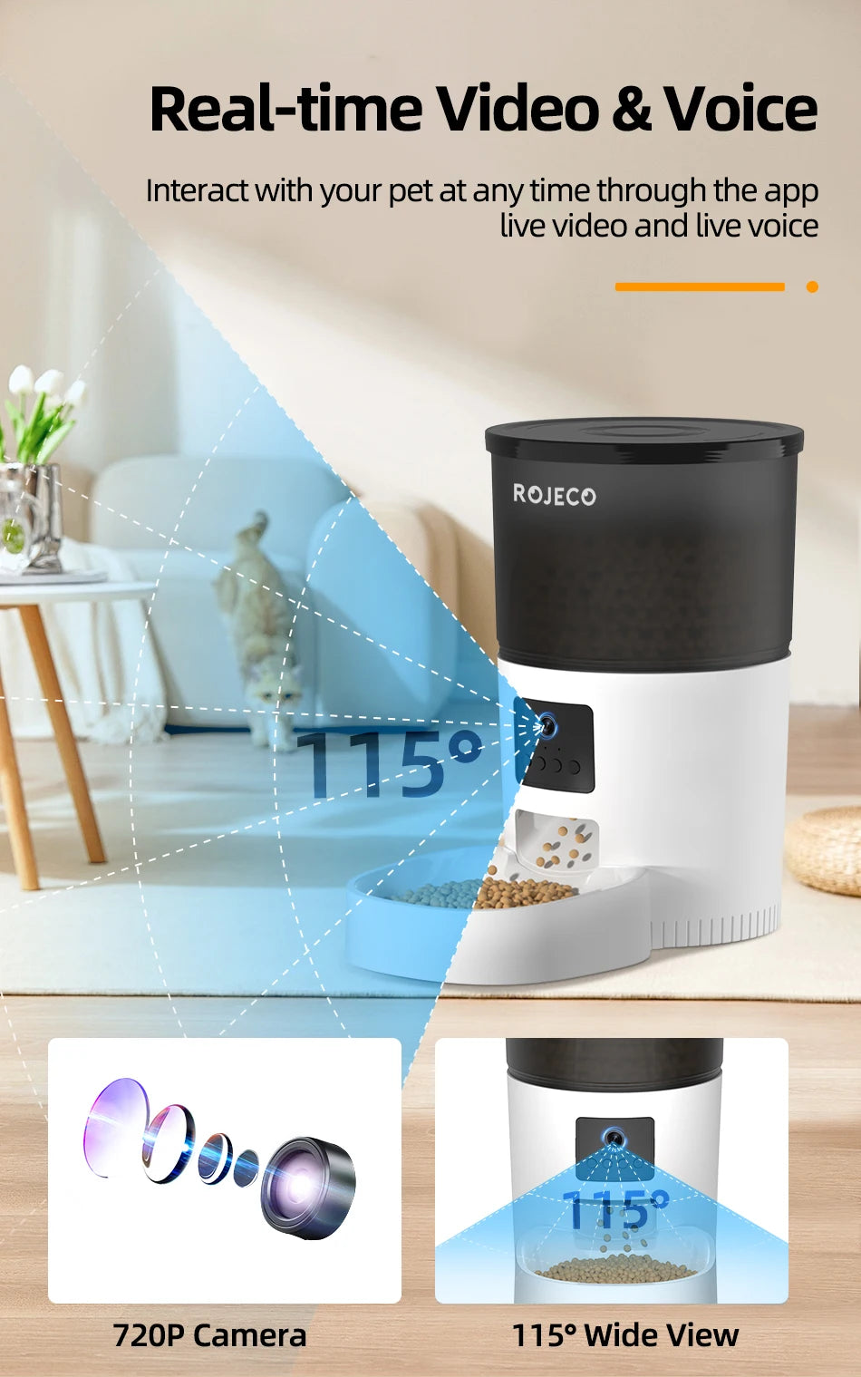 ROJECO Automatic Cat Feeder with Camera & Smart Voice Recorder for Cats & Dogs