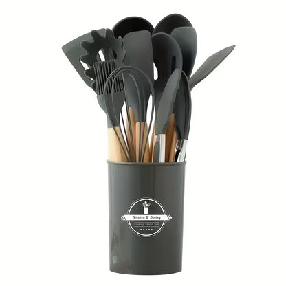 12Pcs Silicone Cooking Utensils Set with Wooden Handle, Non-Stick Kitchen Tools