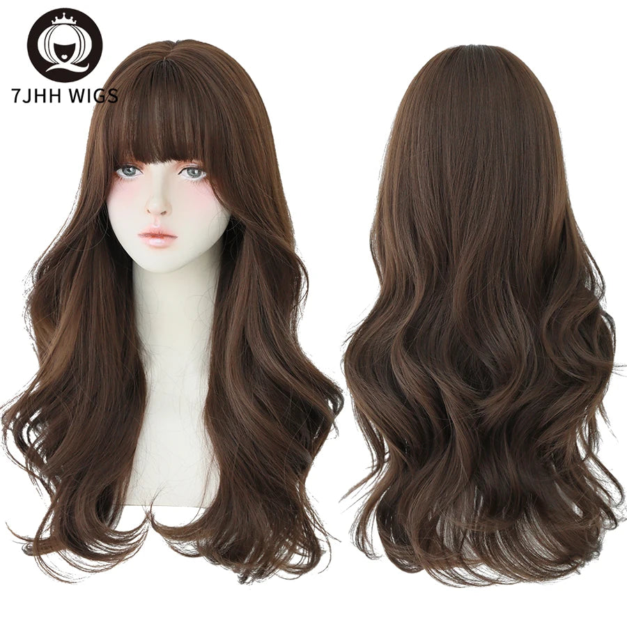 7JHH Popular Brown Ash Long Deep Wave Wig with Bangs for Women