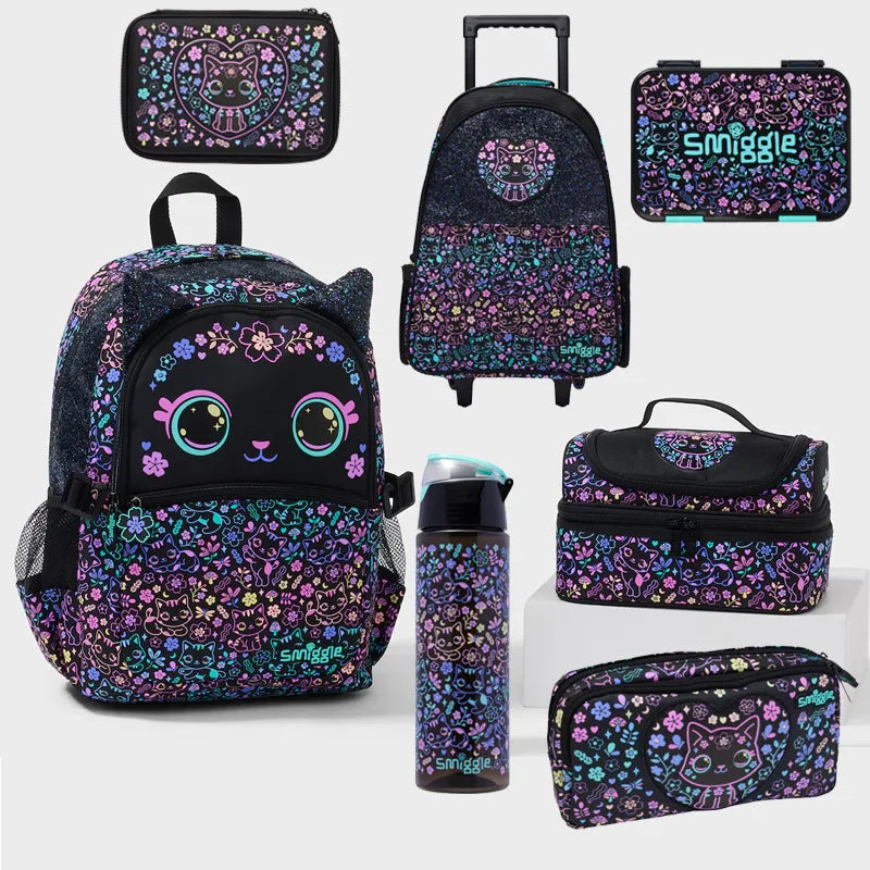New Original Australia Smiggle Schoolbag for Girls with Black Cat Flower Lunch Bag & Pencil Case