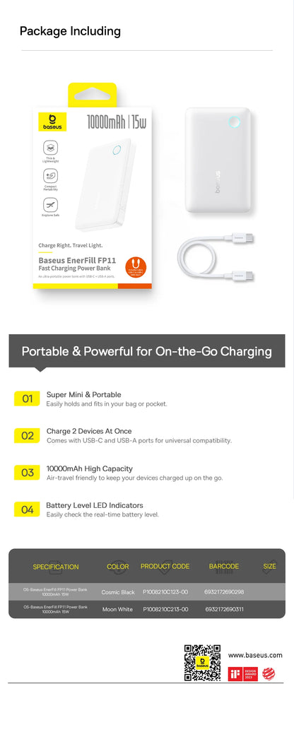 Baseus 22.5W Power Bank 10000mAh, QC PD Fast Charging Portable Charger for iPhone 16/15, Samsung, Xiaomi