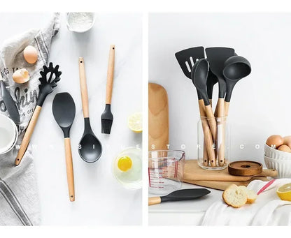 12Pcs Silicone Cooking Utensils Set with Wooden Handle, Non-Stick Kitchen Tools