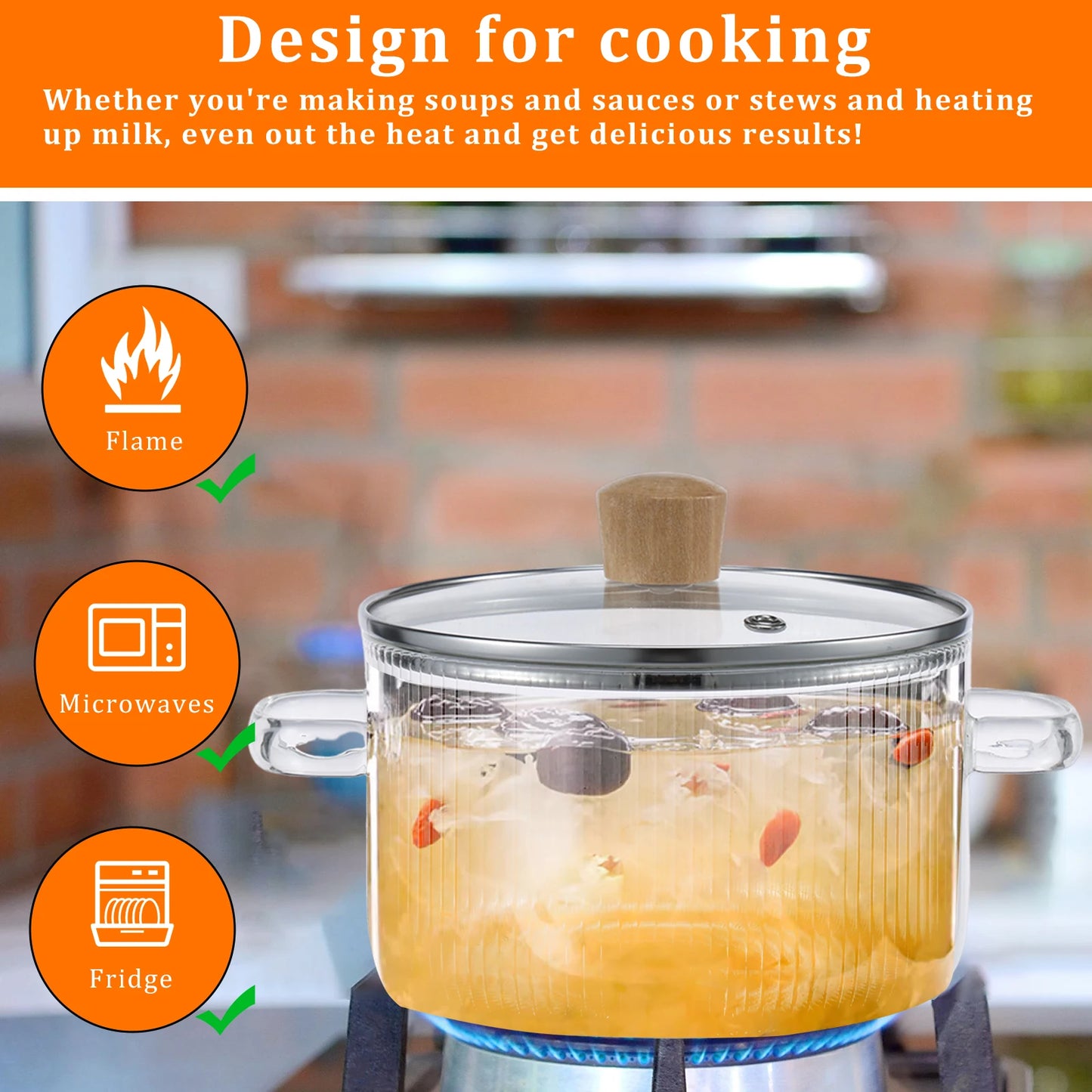 1.6L Glass Saucepan with Lid and Dual Handles, Heat Resistant Soup Pot