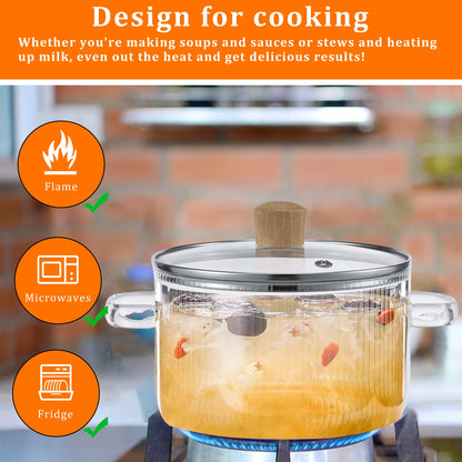 1.6L Glass Saucepan with Lid and Dual Handles, Heat Resistant Soup Pot