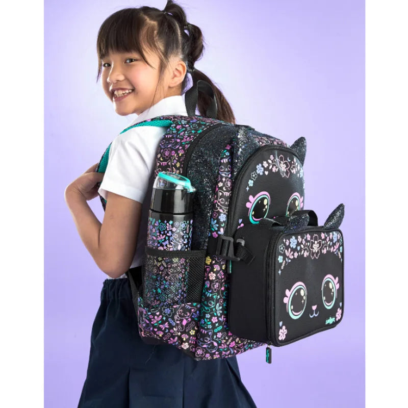 New Original Australia Smiggle Schoolbag for Girls with Black Cat Flower Lunch Bag & Pencil Case
