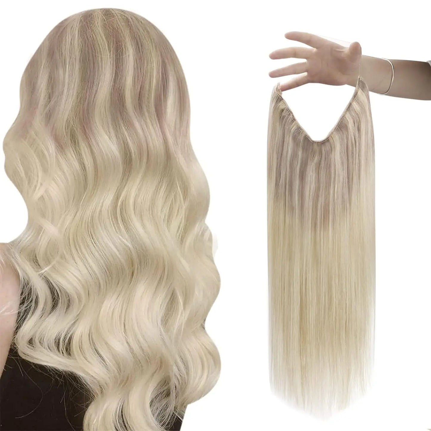 VeSunny Fish Line Human Hair Extension - Invisible Wire One-Piece Blonde Hair Weft with Clips