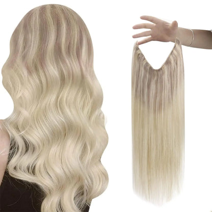 VeSunny Fish Line Human Hair Extension - Invisible Wire One-Piece Blonde Hair Weft with Clips