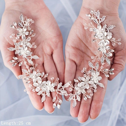 Bridal Hair Accessories - Crystal Pearl Rhinestone Tiara Headband with Leaf Design for Women