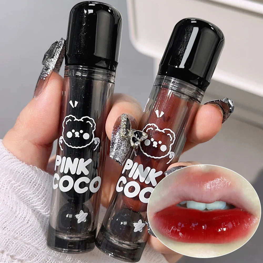 Dark Black Mirror Water Lip Gloss - Moisturizing, Long-Lasting Non-Stick Cup Lipstick in Tea Brown & Red