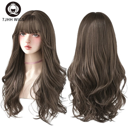 7JHH Popular Brown Ash Long Deep Wave Wig with Bangs for Women