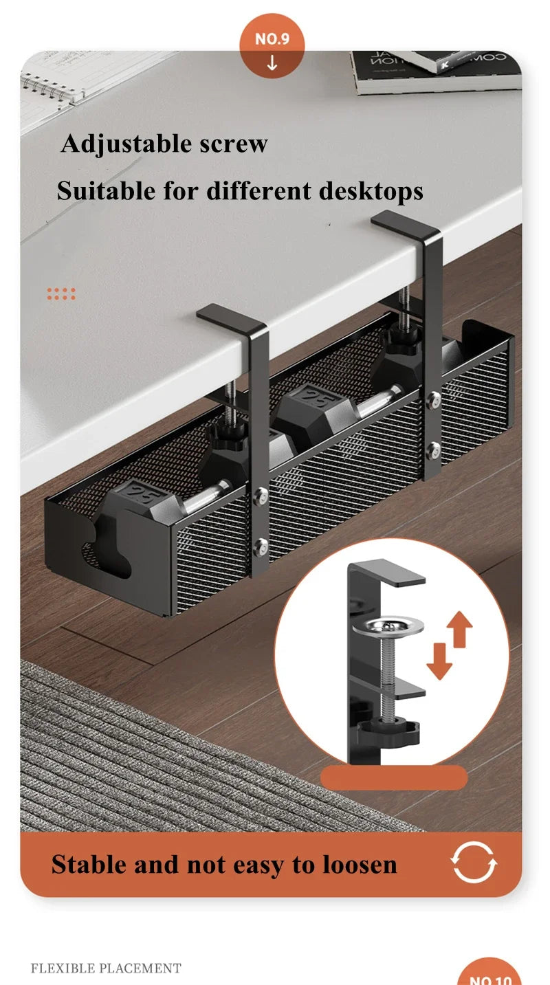 Under Desk Cable Management Tray - No Drill Steel Wire Organizer for Desk & Rack