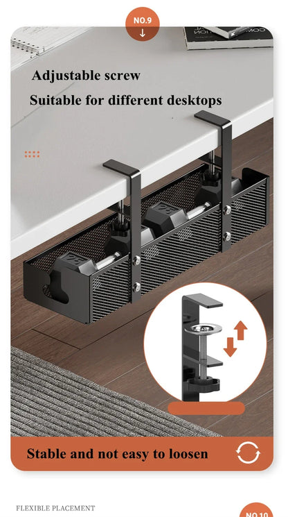 Under Desk Cable Management Tray - No Drill Steel Wire Organizer for Desk & Rack