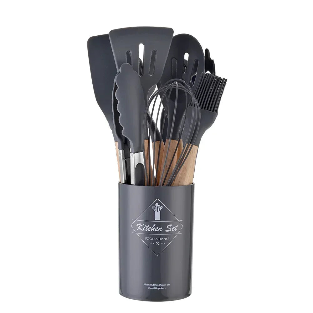 12Pcs Silicone Cooking Utensils Set with Wooden Handle, Non-Stick Kitchen Tools