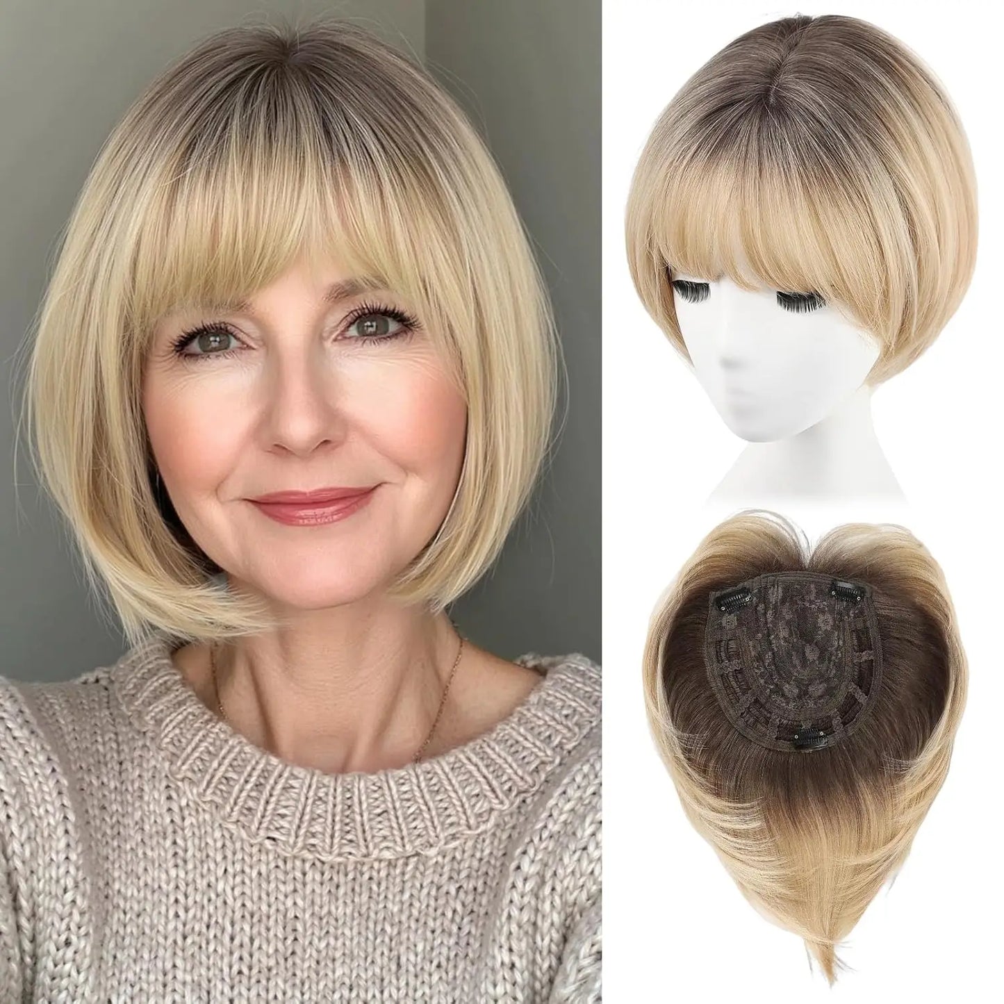 10" Synthetic Bob Hair Topper for Women with Large 7" × 7" Base for Thinning Hair