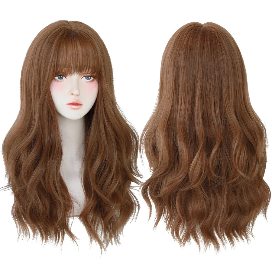 7JHH Popular Brown Ash Long Deep Wave Wig with Bangs for Women