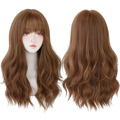 7JHH Popular Brown Ash Long Deep Wave Wig with Bangs for Women