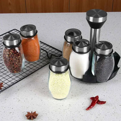 Single Bottle Glass Jar and Spice Jar Set with Rack for Seasoning, Sugar, Salt, and Pepper