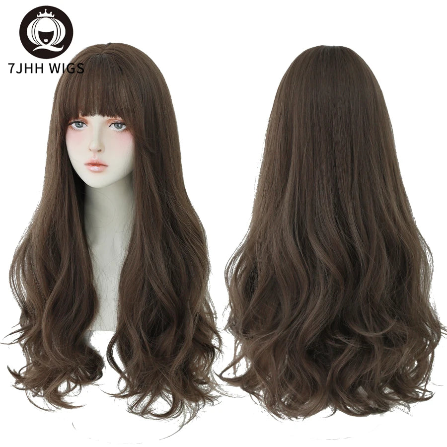 7JHH Popular Brown Ash Long Deep Wave Wig with Bangs for Women