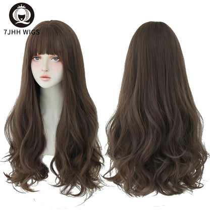 7JHH Popular Brown Ash Long Deep Wave Wig with Bangs for Women
