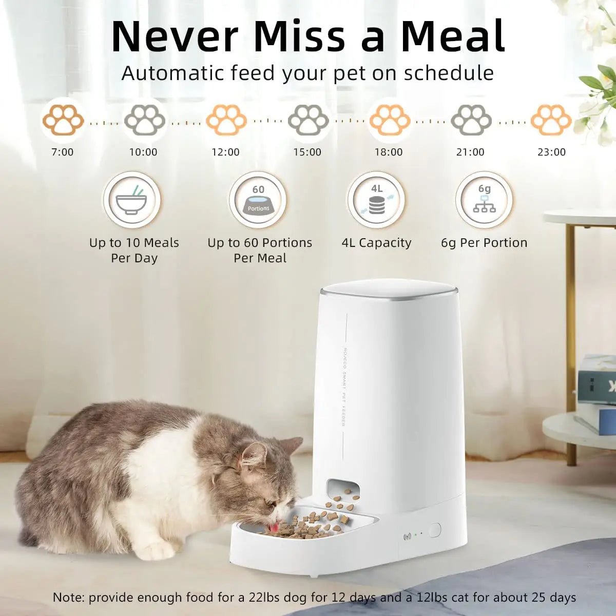 ROJECO Smart WiFi Automatic Cat Feeder – Remote Control Dry Food Dispenser for Cats & Dogs