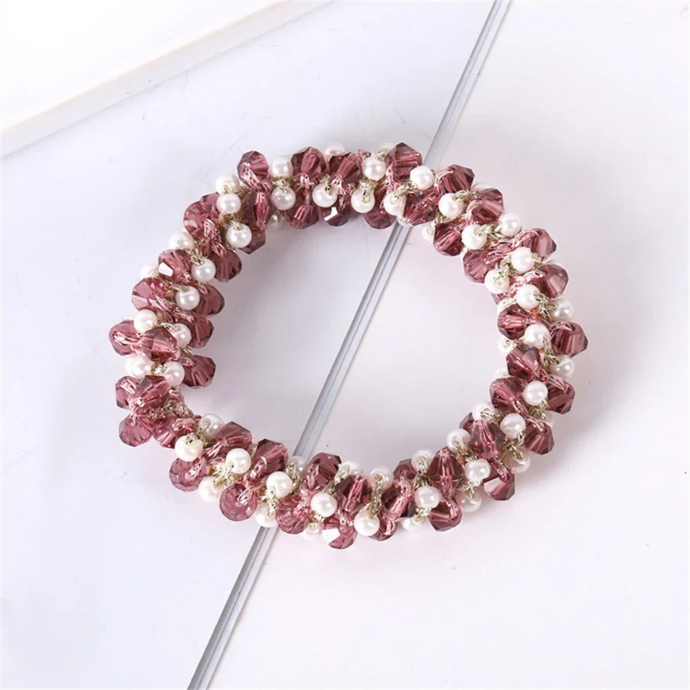 Crystal Pearls Hair Rope Handmade Elastic Beaded Ponytail Holder for Women & Girls Hair Accessories