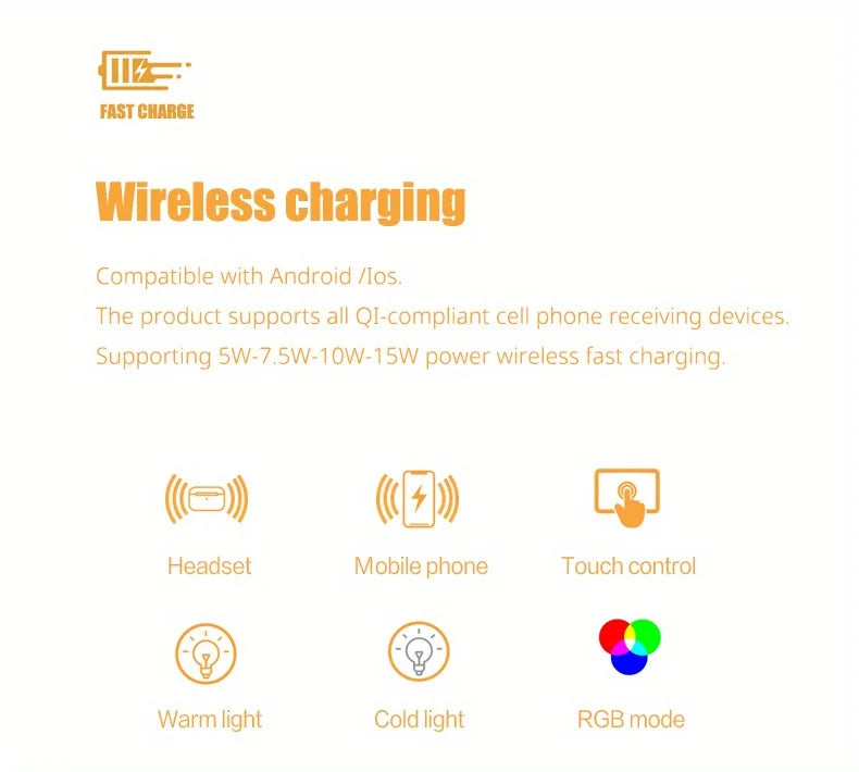 Wireless Charger Alarm Clock - 15W Fast Charging Dock with LED Light, Thermometer & Earphone Stand for iPhone & Samsung