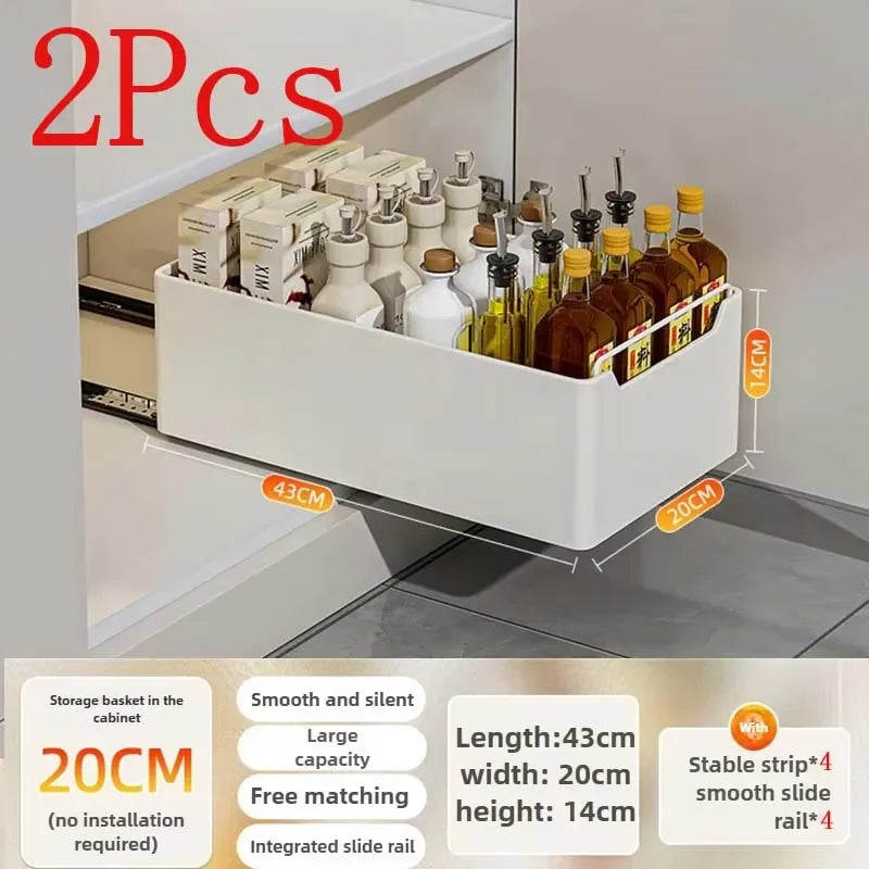 Pull Out Kitchen Storage Shelf with Slide Rails and Spice Organizer Rack