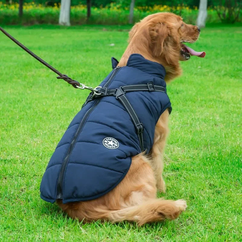 Large Pet Dog Jacket with Harness – Winter Warm Waterproof Coat for Big Dogs & Small Breeds