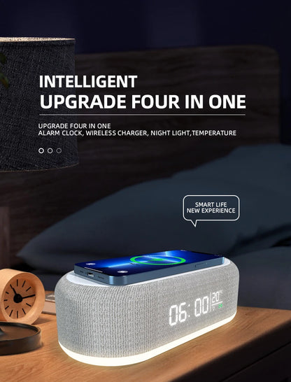 Wireless Charger Alarm Clock - 15W Fast Charging Dock with LED Light, Thermometer & Earphone Stand for iPhone & Samsung