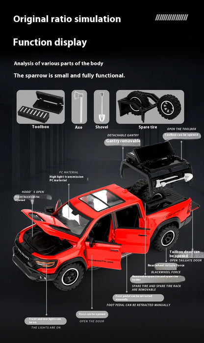 1/32 RAM 1000 TRX Mammoth Pickup Alloy Car Model with Sound and Light Pull Back Toy for Kids Collectibles Birthday Gift