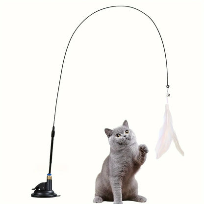 Cat Teaser Toy Interactive Bell & Feather Wand with Long Suction Cup Pole for Playtime Adventures