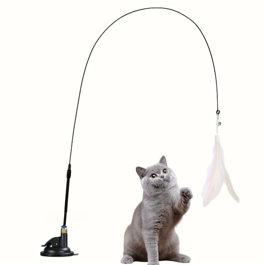 Cat Teaser Toy Interactive Bell & Feather Wand with Long Suction Cup Pole for Playtime Adventures