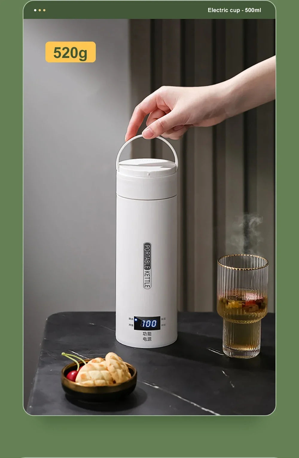 Portable Electric Kettle - Mini Travel Tea & Coffee Boil Water, Keep Warm, Anti-Scald Thermo Bottle