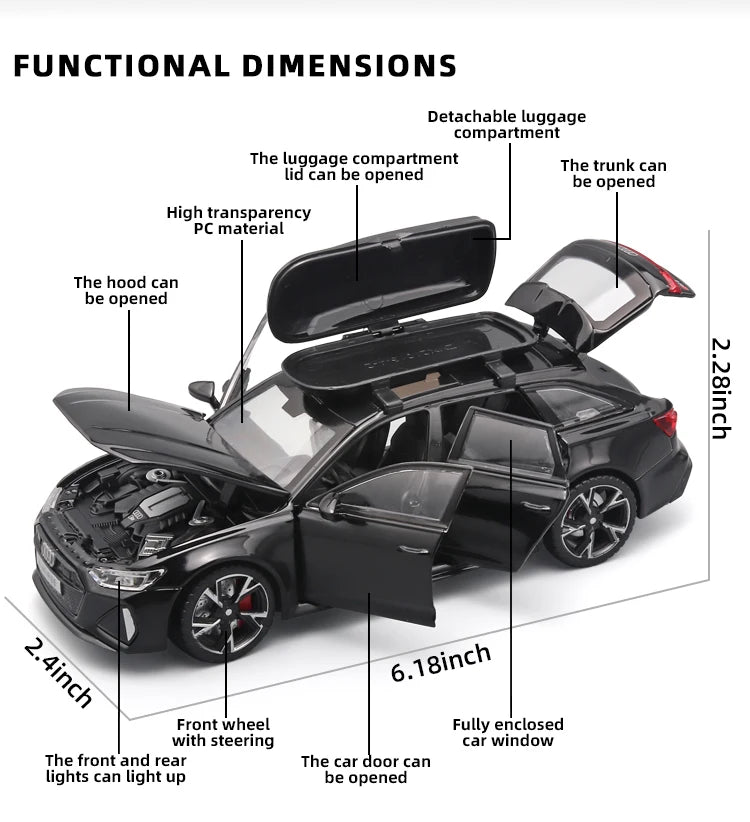 1/32 RS6 Alloy Diecast Toy Car Model with Sound, Light, and Opening Doors - Vehicle Collection for Boys and Adults, Festival Gift