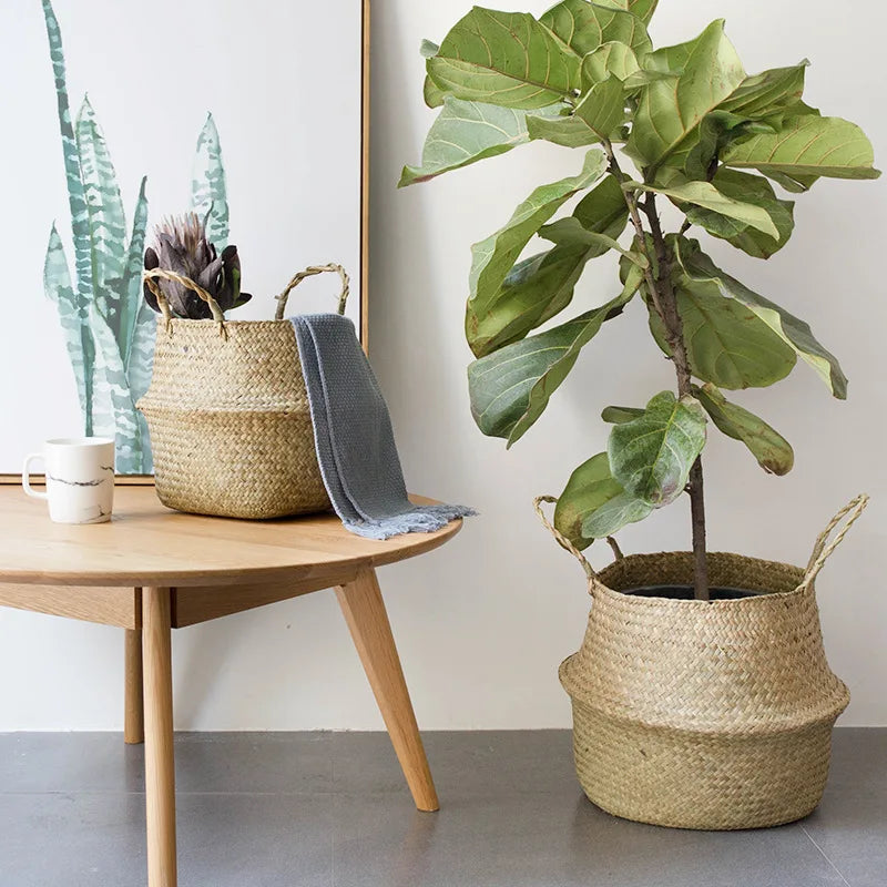 Storage Baskets - Straw Wicker Rattan Hanging Flowerpot, Seagrass Folding Laundry & Garden Plant Basket, Home Decor