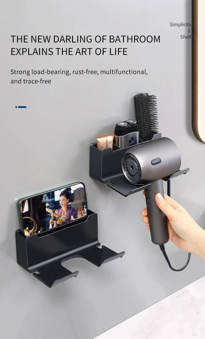 Wall-Mounted Hair Dryer Holder, Organizer Box & Straightener Stand for Bathroom Accessories