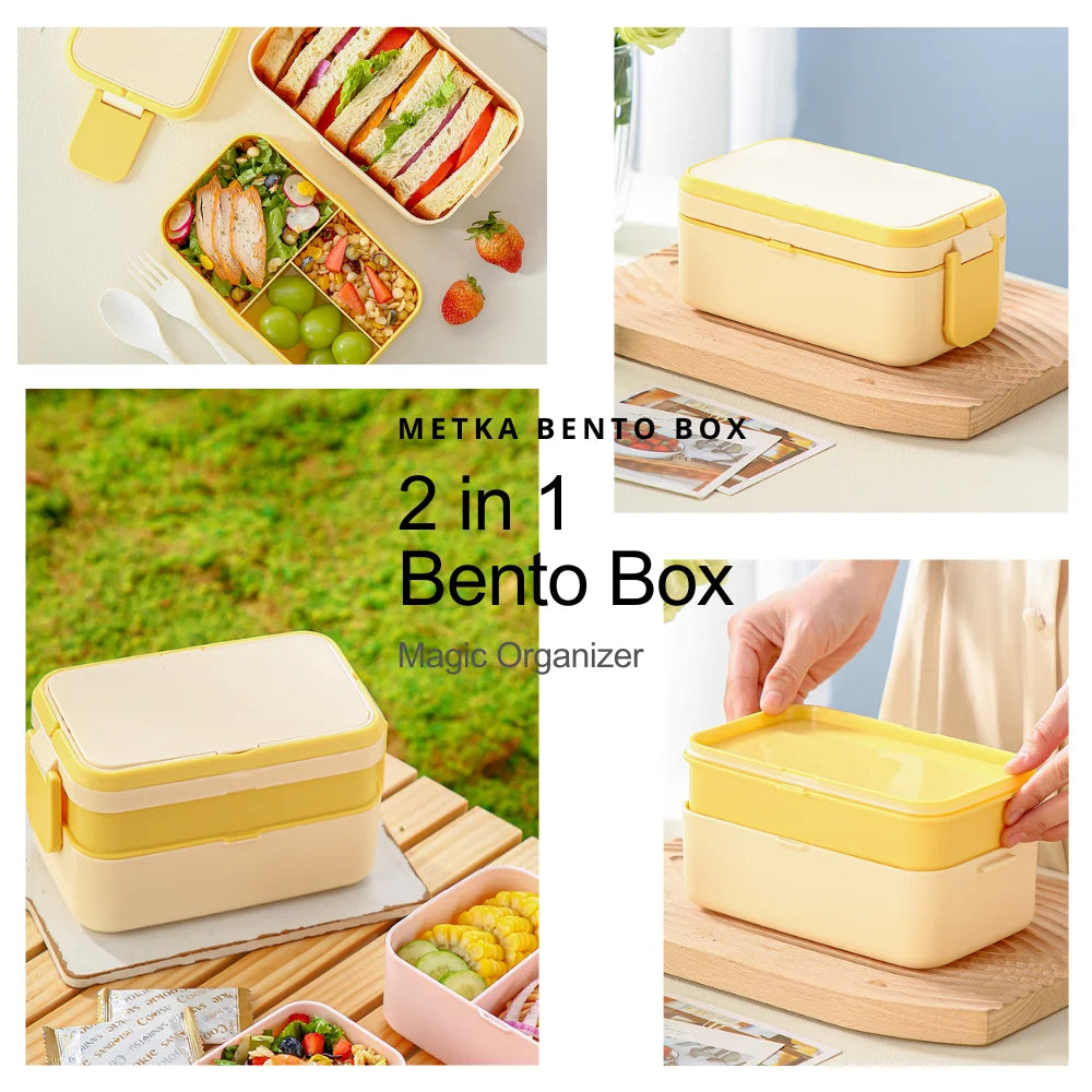 2-Layer Bento Box with Handle, Large Capacity Leak-Proof Lunch Box for Kids, Microwave Safe