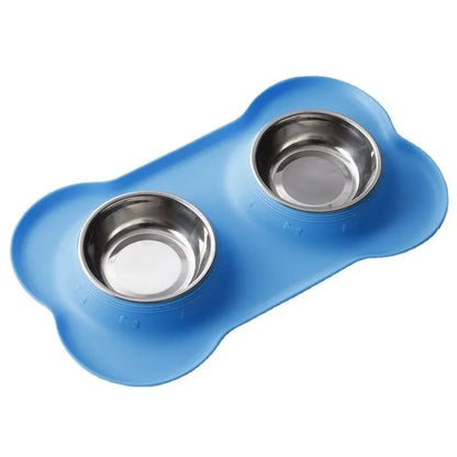 Antislip Double Dog Bowl with Silicone Mat – Durable Stainless Steel Water & Food Feeder for Pets