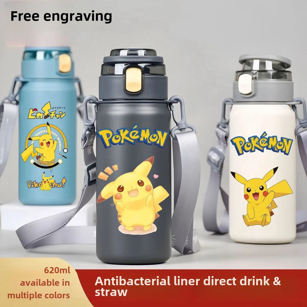 620ML Pikachu Stainless Steel Thermos Bottle – Anime Vacuum Flask with Rope and Large Capacity