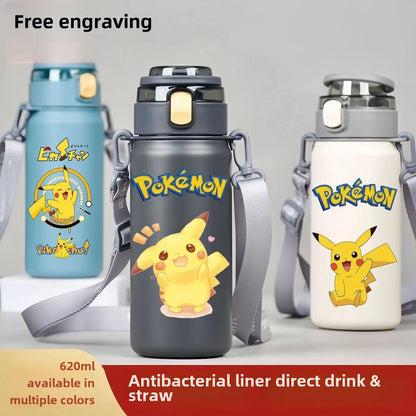 620ML Pikachu Stainless Steel Thermos Bottle – Anime Vacuum Flask with Rope and Large Capacity