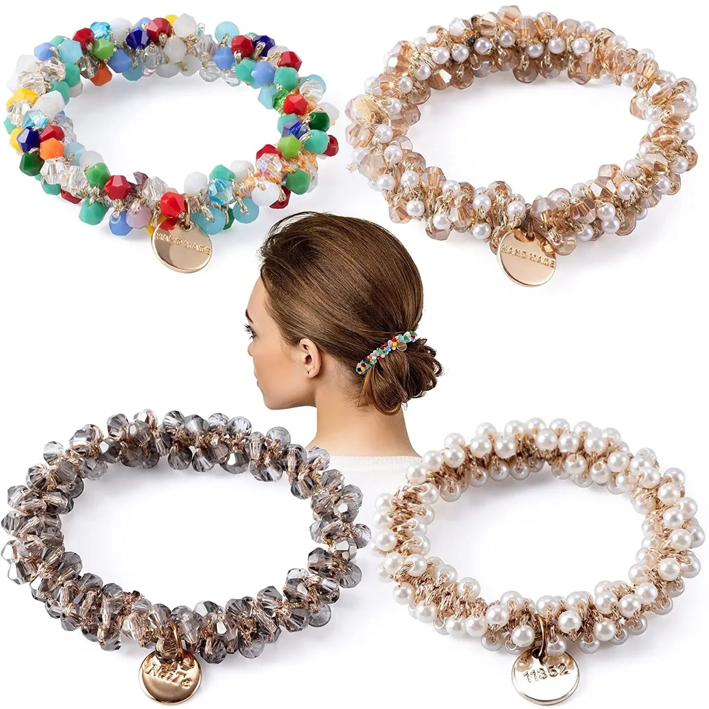 Crystal Pearls Hair Rope Handmade Elastic Beaded Ponytail Holder for Women & Girls Hair Accessories