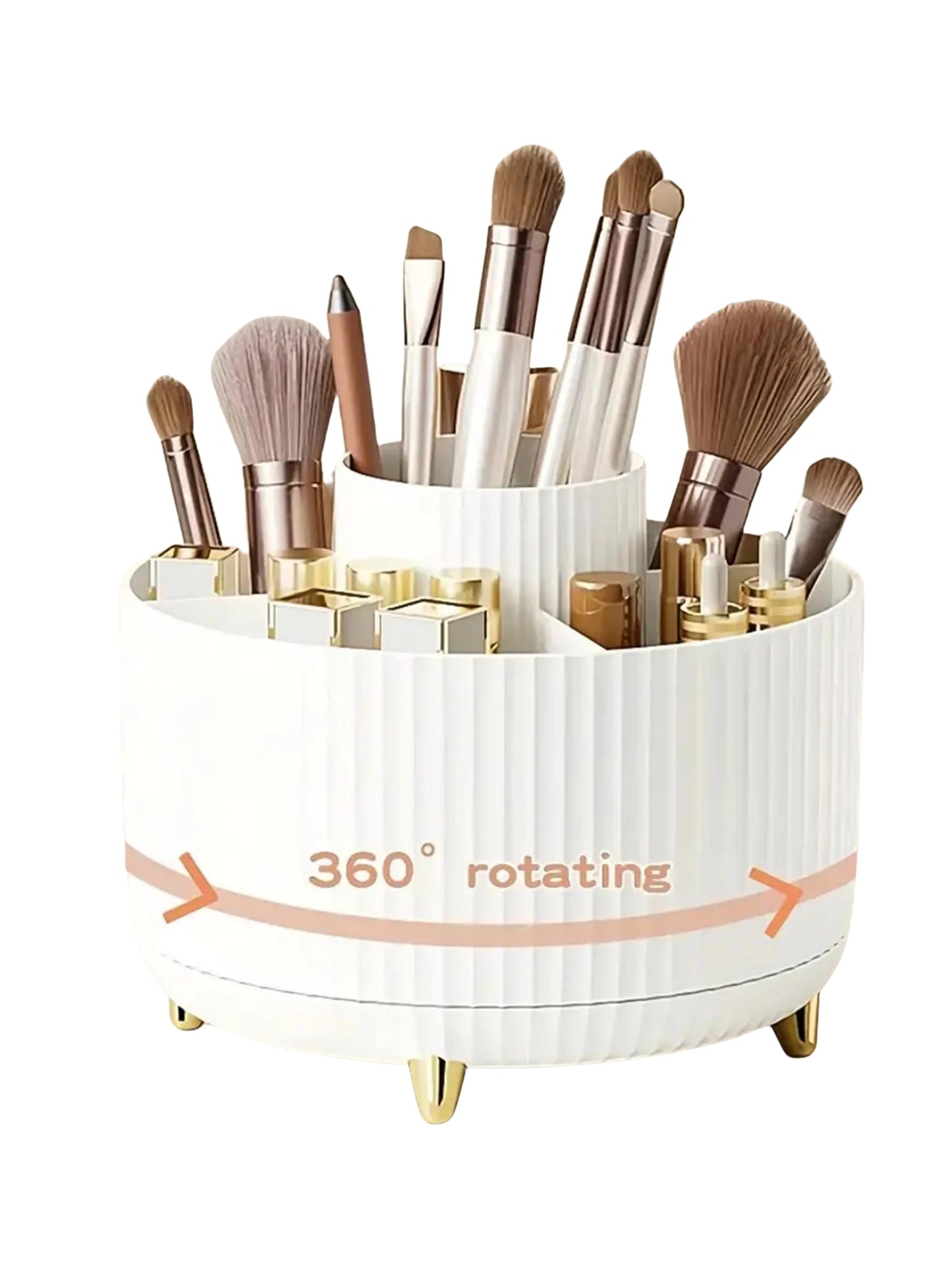 360° Rotating Makeup Organizer – Plastic Cosmetic Storage with 5 Compartments for Brushes