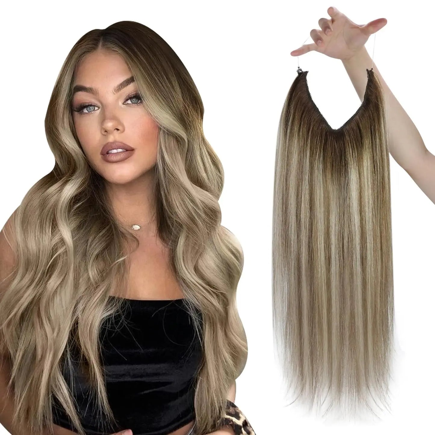 VeSunny Fish Line Human Hair Extension - Invisible Wire One-Piece Blonde Hair Weft with Clips