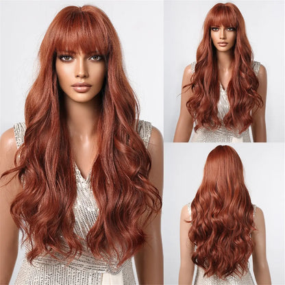 Brown Wavy Wig with Bangs for Women Heat-Resistant Synthetic Hair Cosplay