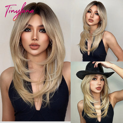 Heat-Resistant Brown Ombre Synthetic Wig with Bangs & Layers for Women