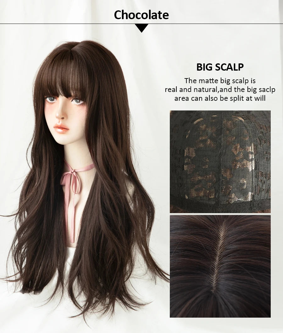 7JHH Popular Brown Ash Long Deep Wave Wig with Bangs for Women