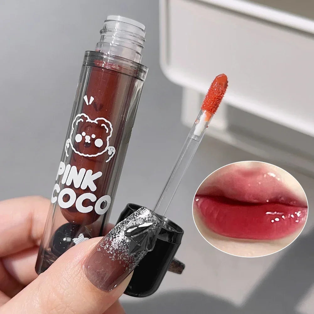 Dark Black Mirror Water Lip Gloss - Moisturizing, Long-Lasting Non-Stick Cup Lipstick in Tea Brown & Red